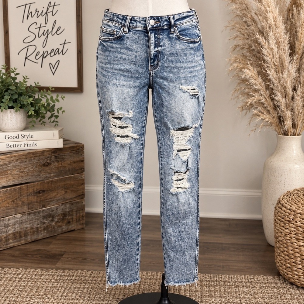 Flying Monkey High Rise Ankle Skinny Jeans Acid Wash Distressed Blue Size 30